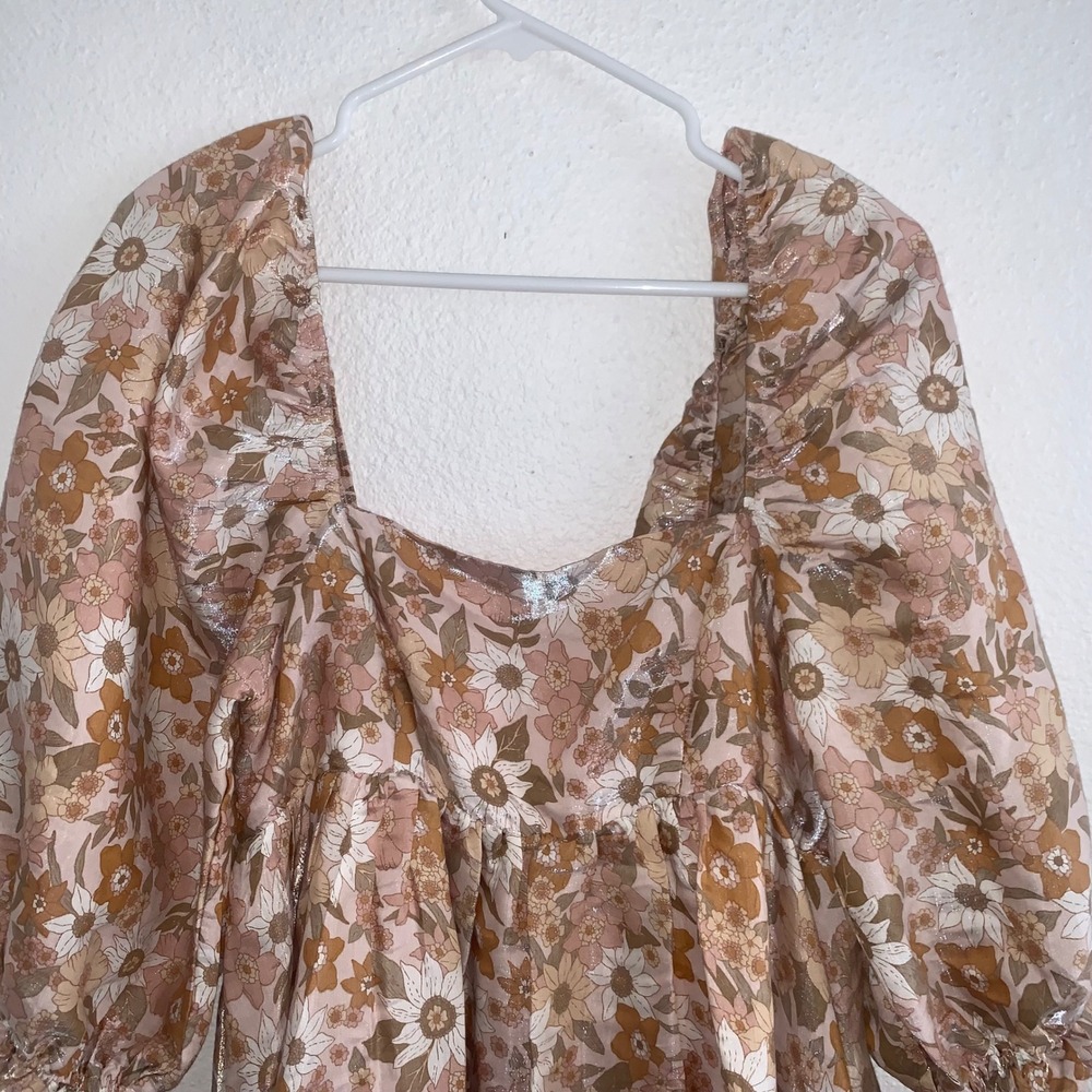 Storia Womens Floral Metallic Puff Sleeve Babydoll Mini Dress Tan Brown Gold M - Picture 4 of 10